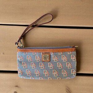 Dooney & Bourke DB Monogram Wristlet Blue Canvas Brown Leather Trim Small Bag